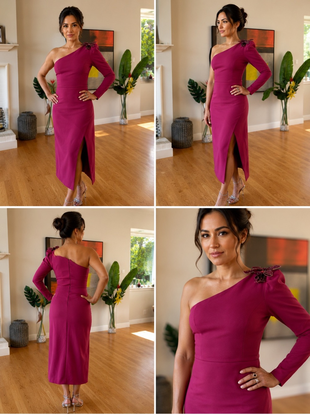 PatBO One-Shoulder Fuchsia Midi Dress with Side Slit